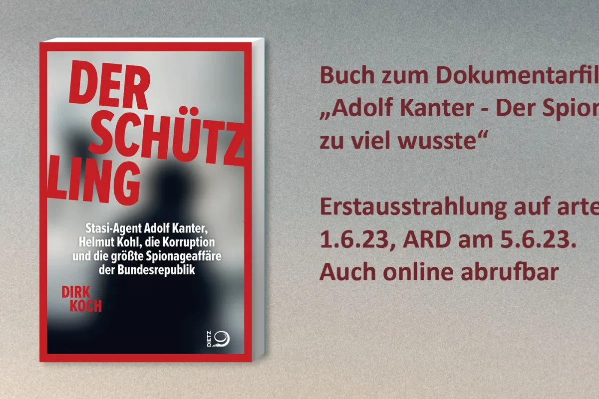 Cover des Buches "Der Schützling" von Autor Dirk Koch samt Informationen zur Ausstrahlung der Doku