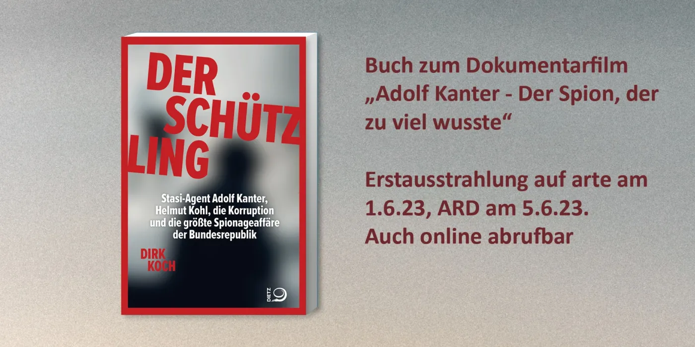 Cover des Buches "Der Schützling" von Autor Dirk Koch samt Informationen zur Ausstrahlung der Doku